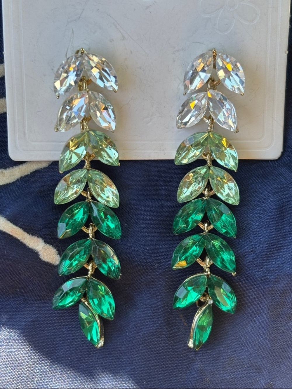 Anthropologie Green Ombre Crystal Leaf Drop Earrings Gold Tone Statement Dangle